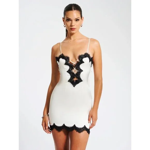 Miss Circle Beige Satin Lace Trim Mini Dress in Beige